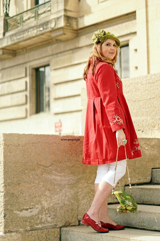 Winnipeg Style Canadian fashion stylist blog, April Cornell Spring 2019 Favorite jacket embroidered red cotton coat, vintage style, April Cornell white tapestry embroidered cropped leggings, April Cornell white crochet detail essential sleeve t-shirt, Mary Frances leap frog beaded novelty handbag purse, John Fluevog red pink LE sandra fellowship mary jane flat shoes